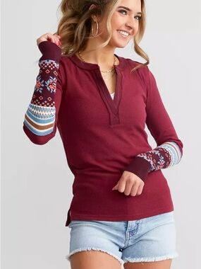 We the Free People Mikah Notch Front Henley Top Shirt Size XS Wine Combo NWT